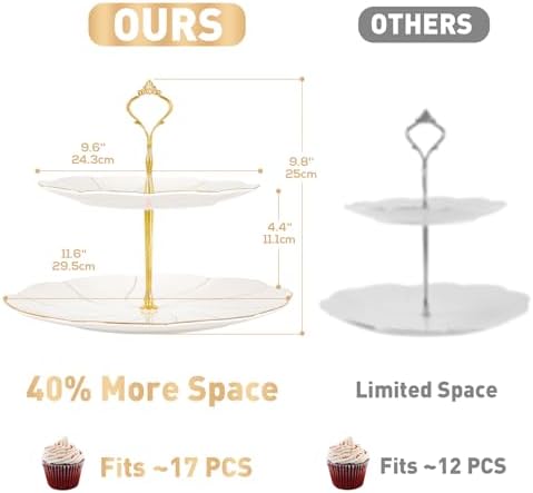 DUJUST Luxury Larger 2-Tier Cupcake Stand Tower, British Style Porcelain Serving Tray with Golden Trim, Food Grade Dessert Display Stand for Tea Party & Home Décor - 40% Larger Plates - Image 5