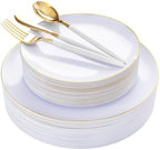 DaYammi 150Pcs Gold Plastic Plates with Disposable Silverware,White Gold Disposable Dinnerware Set - 30 Dinner Plate,30 Dessert Plate,90 Gold Cutlery with White Handles,Fancy Plates for Party Wedding by DaYammiwillaccompanyyou