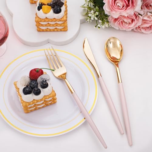 I00000 60 Pcs Pink Plastic Silverware, Fancy Gold Utensils with Pink Handle - Image 4