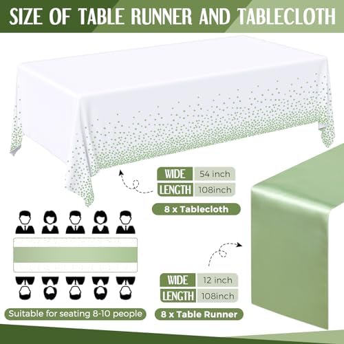 Tudomro 16 Pack White and Sage Green Plastic Tablecloths Satin Runner Set - Image 2