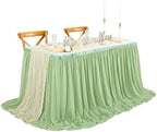 Sage Green Table Skirt 14FT Chiffon Table Skirting 2 Layer Rectangle Green Tablecloth for Birthday Baby Shower Wedding by QueenDream