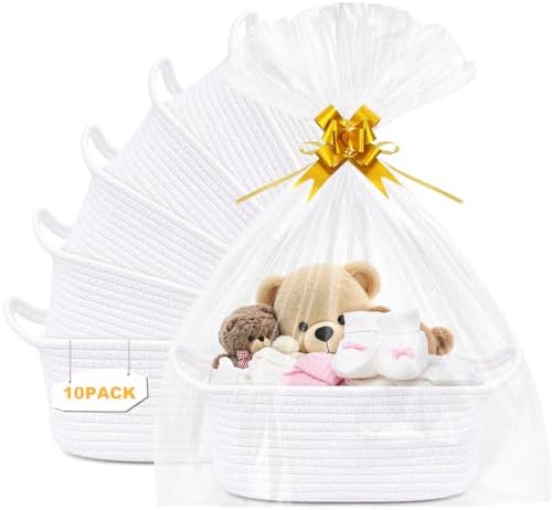 10 Pack Empty Gift Baskets, 12x8x5 Small White Woven Cotton Rope Baskets with Gift Bags & Ribbons, Decorative Baby Shower Hamper, Nursery Storage Basket with Handles for Shelves by Mkway