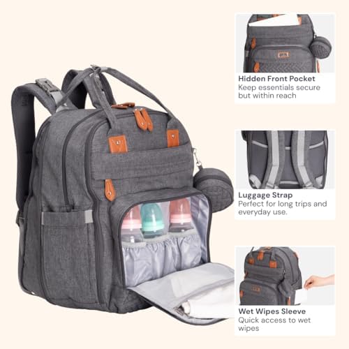 BabbleRoo Extra Large Diaper Bag Backpack, Expandable Baby Bag with Up to 50% More Capacity - Travel Essentials Baby Bag Tote with Changing Pad, Stroller Straps & Pacifier Case - Unisex, Dark Gray - Image 5