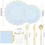 LIYH 210 Pcs Light Blue Plastic Dinnerware Set - Baby Blue Plastic Plates Napkins with Gold Foil Include Bridal Shower Plates Disposable Gold Silverware Napkins Cups for Birthday 30 Guests - Image 2