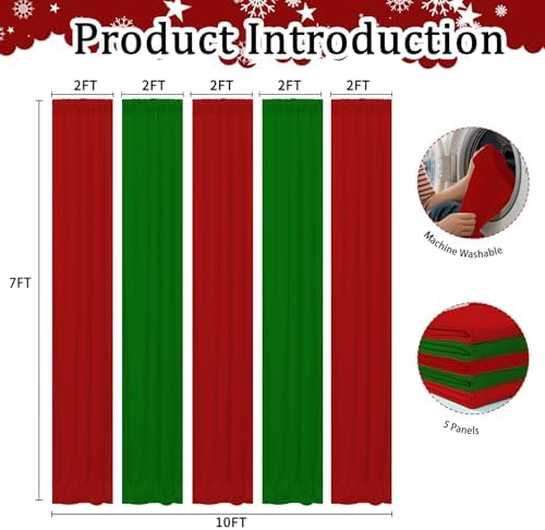 Christmas Backdrop Curtain - 10×7ft Red & Green Holiday Party Background Decor for Xmas Tree Photos, Home Festive Wall, Mall Santa Booth, Reusable Winter Celebration Decoration for Families - Image 3