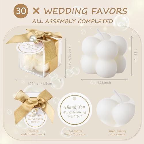 ACITHGL 30 Sets Fully Assembled Small Bubble Candle Party Favors for Guests Bulk Bridal Showers Favors Candles with Stylish Ribbons Thank You Cards Gifts (Gold) - Image 2