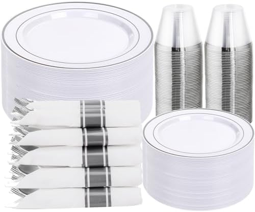 DaYammi 350PCS Silver Plastic Dinnerware Set for 50 Guests by DaYammiwillaccompanyyou