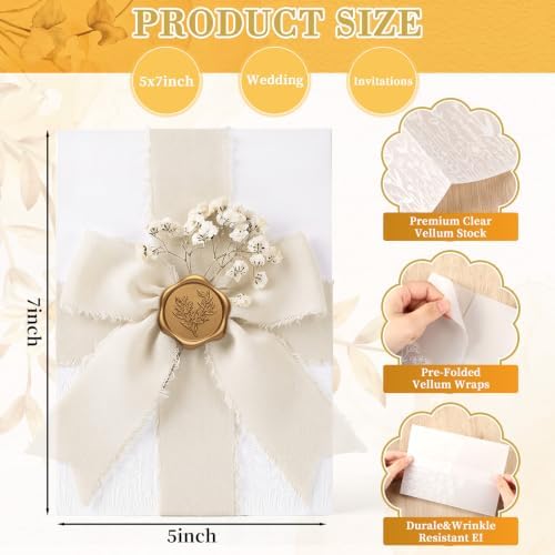 Fuyoooo 50 Set Wedding Invitations Wraps Set Pre Folded Vellum Jackets for 5 x 7 Invitations Self Adhesive Wax Seal Stickers Dried Baby's Breath Chiffon Silk Ribbon for Craft DIY (Wildflower Style) - Image 3