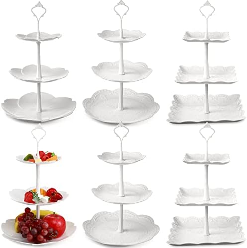 Sawysine 6 Pack 3 Tiered Serving Tray White Plastic Dessert Tower, White by Sawysine