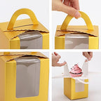 acDesign 100 Pcs Cupcake Holders Individual 3.6in*3.6in*4.3in Cupcake Boxes With Window Handle and Inserts for Bakery Wrapping Party Favor Packing(Gold) - Image 3