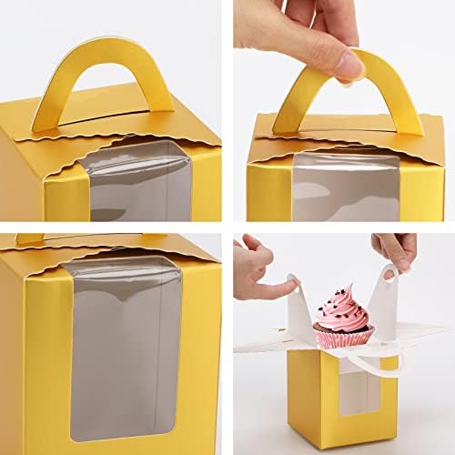 acDesign 100 Pcs Cupcake Holders Individual 3.6in*3.6in*4.3in Cupcake Boxes With Window Handle and Inserts for Bakery Wrapping Party Favor Packing(Gold) - Image 3