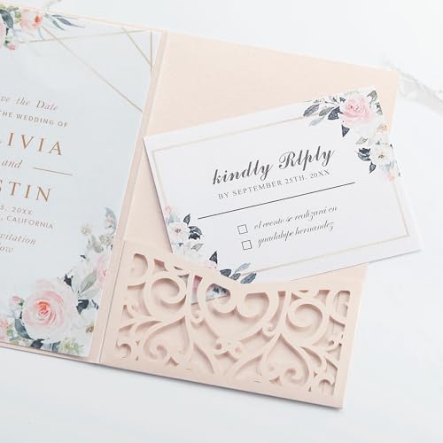 50PCS Pink Laser Cut Wedding Invitation with Envelopes and Rsvp Cards - Image 4
