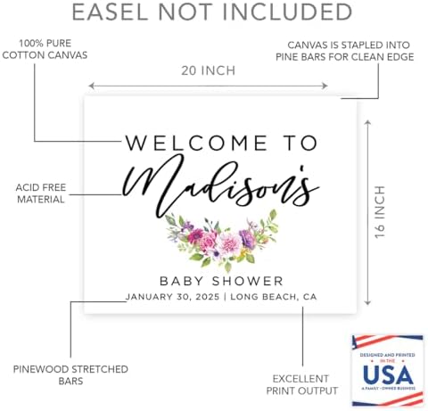 Andaz Press Personalized Large Canvas Baby Shower Welcome Sign, 16 x 20 Inches, Fuchsia Purple Florals, Guestbook Alternative, Custom Baby Shower Sign, for Floral Baby Shower, Baby Sprinkle Theme - Image 2