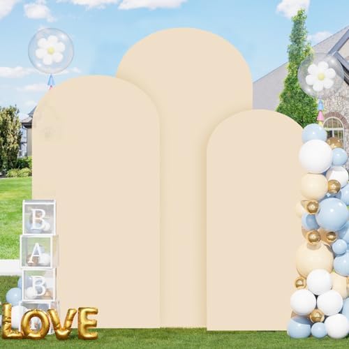 FOTSHARER Beige Spandex Arch Cover 6F 6.6FT 7.2FT Wedding Arch Cover Set of 3 Spandex Fitted Wedding Arch Stand Covers for Birthday Party Round Top Backdrop Covers for Party Bridal Baby Shower - Image 4