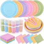 durony 360 Pieces Pastel Rainbow Disposable Party Supplies Serves 48 Guests Include 7" and 9" Pastel Paper Plates Cups Napkins Cutlery Pastel Rainbow Party Decorations for Birthday Wedding Baby Shower by durony