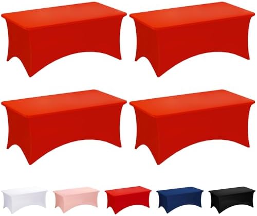 Fixwal 4 Pack 6FT Red Tablecloth Rectangle Spandex Fitted Table Cover by Fixwal