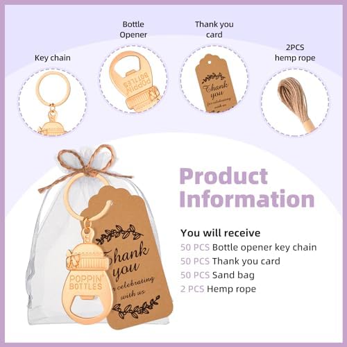 50Pcs Popping Bottle Openers Baby Shower Party Favors for Guests, Bottle Opener Return Gift and Souvenirs with Organza Bags Thank You Cards for Theme Decoration Supplies (Gold - Image 3