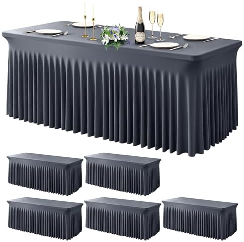 Wish Care 6 Pack Gray Spandex Table Clothes for 6 Foot Rectangle Tables, 6FT Wrinkle Free Fitted Tablecloths Ruffles Design Table Cover for Party, Banquet, Wedding and Events by WishCare