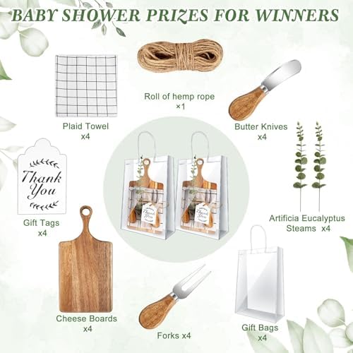 29 Pcs Baby Shower Prizes for Game Player 4 Sets Baby Shower Game Prizes Wedding Bridal Favors for Winners with Acacia Cheese Board Oak Knife and Fork Placements Artificial Eucalyptus Stems Tags Bags - Image 2