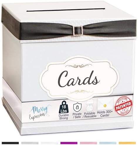 Merry Expressions White Wedding Card Box for Party with 7 Ribbons, Gift Card Box Holder For Birthday, Graduation, Reception, Sweet 16, Bridal or Baby Shower Party Large 10"x10"x10" inches by MerryExpressions
