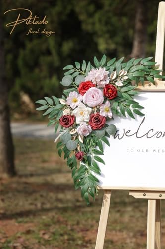 Faux Flower Swag Set of 2 for Wedding Welcome Signs Floral Swag Wedding Reception Ceremony Signs Decor (A-Burgundy Pink) - Image 7