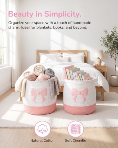 Large Cotton Rope Storage Basket with Pink Bow (17.7"x15.7", 55L), Collapsible Laundry Hamper for Baby Girl Nursery, Woven Toy Organizer with Handles, Blanket Basket for Bedroom, Bathroom, Playroom - Image 2