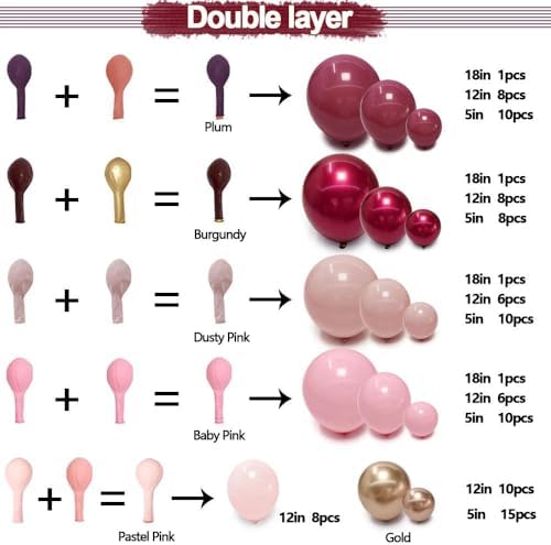 Burgundy Pink Balloon Garland Double Stuffed Pastel Pearl Pink Gold Mauve Balloons Maroon Latex Plum Balloon Arch Kit for Women's Birthday Wedding Baby Shower Decoration - Image 3