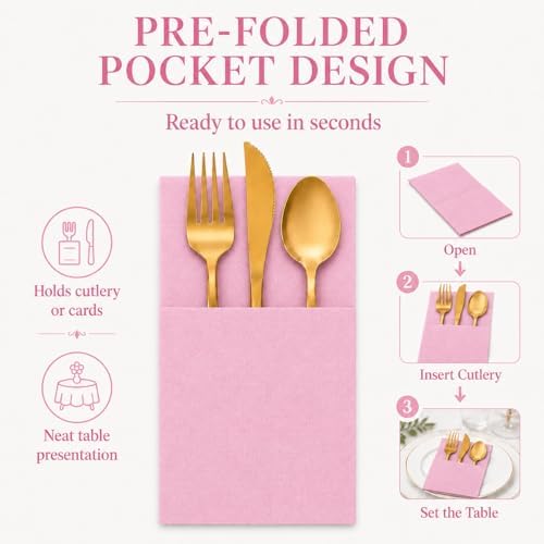 100Pcs Light Pink Napkins Disposable Linen Feel Dinner Paper Napkins with Built-in Flatware Pocket, Airlaid Paper Pre-Folded Napkins for Silverware Baby Shower Wedding Birthday Party - Image 4