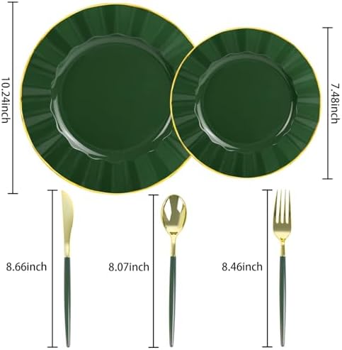 150Pcs Plastic Plates with Gold Rim,Heavy Duty Green Plates for 30 Guests,Plastic Dinnerware Set Include 30 Dinner Plate,30 Dessert Plate,90 Gold Cutlery Set for Party (Green) - Image 2