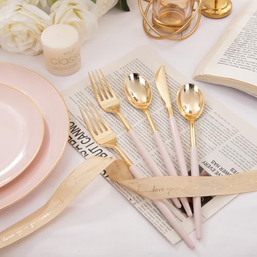 I00000 300Pcs Pink Plastic Silverware, Fancy Gold Cutlery with Pink Handle - Image 6