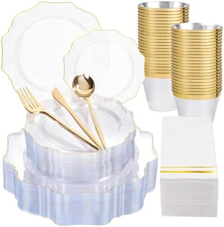 WDF 350Pcs Clear and Gold Plastic Plates - Heavy Duty Clear Plates Disposable - Gold Dinnerware Sets of 100 Plastic Plate 150Silverware 50 Cups 50 Napkins for Wedding/Baby Shower by WDF