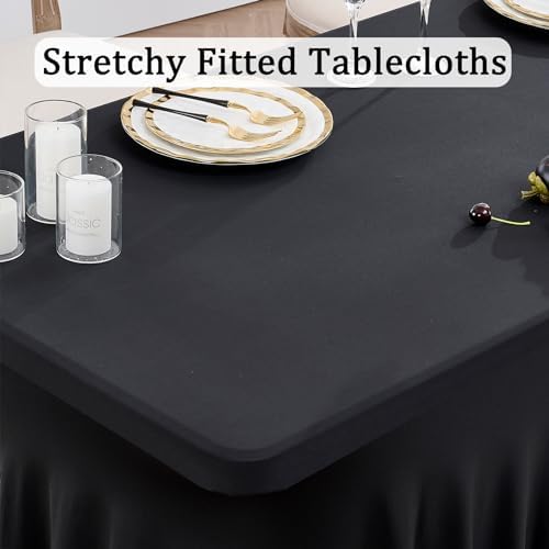 Black Spandex Tablecloth for 8 Foot Rectangle Tables, 6 Pack Black Wrinkle Free Fitted Table Cloths 8ft Stretchy Banquet Table Clothes Cover Desk Skirt for Birthday Wedding Parties Baby Shower - Image 2