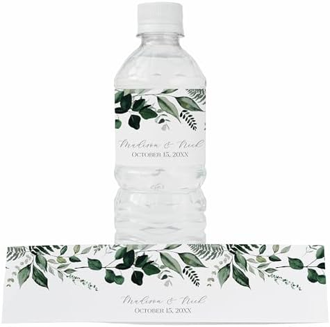 Personalized Water Bottle Labels with Choice of 30 Flower Styles - Choose Font and Pre-Made Phrases or Design Custom Text - LABELS ONLY (002 Green Leaves, 2 inch (8.5x2")) by ThePaperedWedding