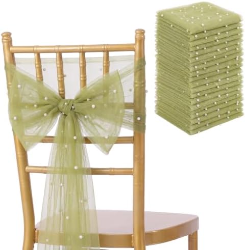 VitalCozy 50 Pack Sage Green Pearls Chair Sashes with Bows Wedding Decor by VitalCozy