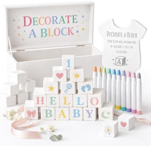 Nolia Baby Shower Blocks Decorating Game – 48 White Wooden Cubes to Decorate, Storage Box, 12 Acrylic Markers & Instruction Sign by Unknown