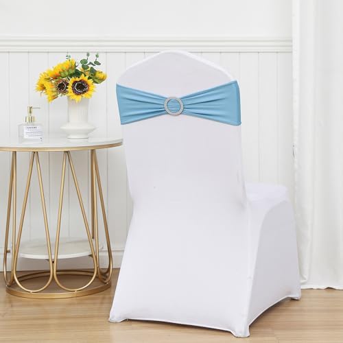 50 Pack Spandex Baby Blue Chair Sashes Bows Stretch Elastic Light Blue Chairs Bands with Buckles Ties for Party Celebration Ceremony Events Wedding Decorations - Image 4
