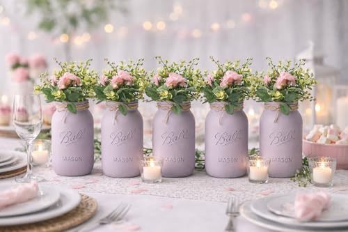 Lavender Bridal Shower Decorations | Set of 5 Table Centerpieces | Quart 32 oz Painted Mason Jars | Baby Shower Centerpiece Table Decorations | Engagement Party Decor (5 Lavender w/Greenery/Pink) - Image 4