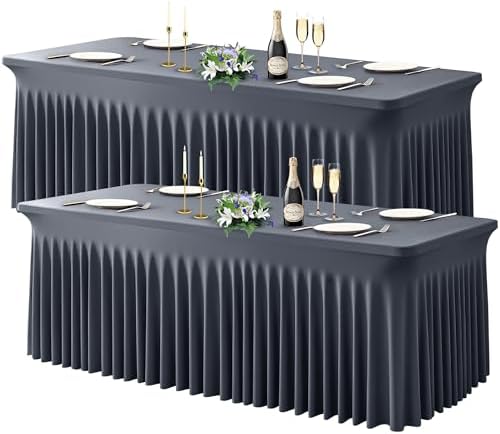 Wish Care 2 Pack Gray Spandex Table Clothes for 8 Foot Rectangle Tables, 8FT Wrinkle Free Fitted Tablecloths Ruffles Design Table Cover for Party, Banquet, Wedding and Events by WishCare
