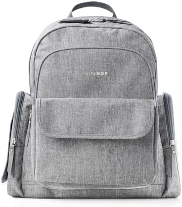 Skip Hop Diaper Bag Backpack with Portable Changing Pad, Easy-Access Wipes & Zippered Side Pockets, Luggage Sleeve & Stroller Straps, Fits a 15” Laptop, Luna, Heather Grey by Unknown