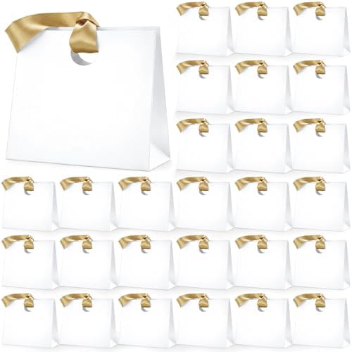 FeiFeifeiya 30 Pcs Small White and Gold Gift Bags with Ribbon Handle by Feifeiya