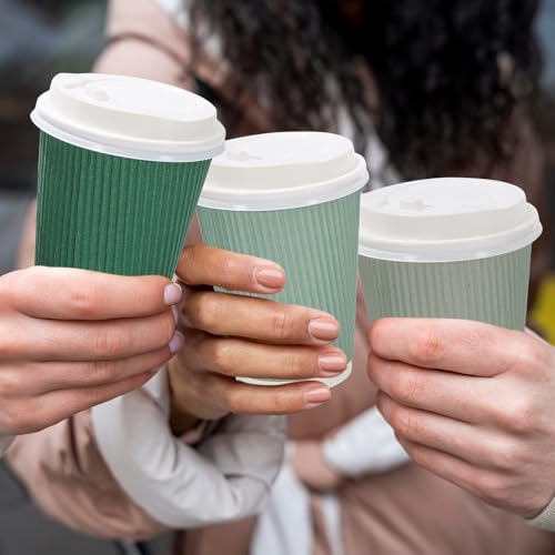 Whaline 100Pcs Sage Green Disposable Coffee Cups with Lids 12oz Gradient Green Paper Cups Corrugated Ripple Wall Insulated Hot Cups for Home Office Party Supplies - Image 5