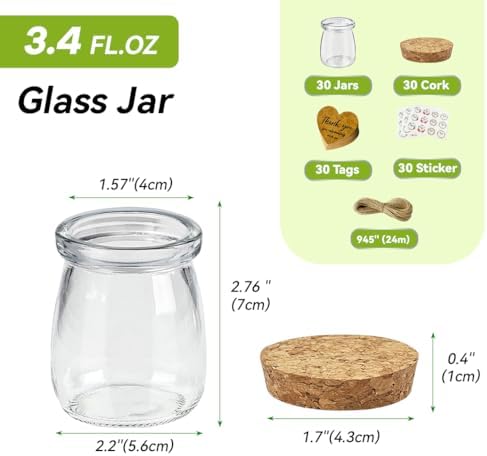 AIXIANG 60 Pack 3.5 oz Glass Jars with Cork Lids & Airtight Plastic Seals - Small Glass Bottles for Wedding Favors, Baby Shower, Spices - Complete DIY Kit with Thank You Stickers, Tags & Twine (100ml) - Image 2