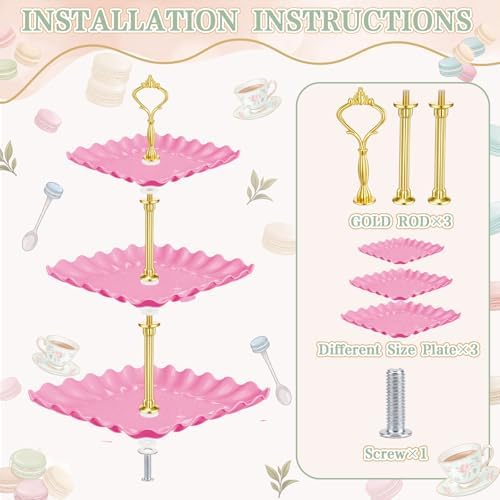 Remerry 16 Pcs Dessert Table Display Set 3 Tier Cake Stands, Pink and Green - Image 3