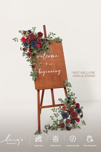 Ling's moment Welcome Sign Flowers, Wedding Floral Swag, Burgundy Navy Blue - Image 2
