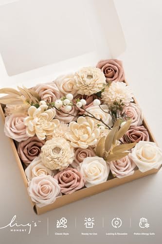 Ling's moment Fake Flowers Box, Faux Artificial Greenery Stems Foam Dahlia Roses Silk Willow Fabic Flower for Centerpieces Bouquet Wedding Vase Decorations, Dusty Rose & Cream & Blush, Grand Combo - Image 5