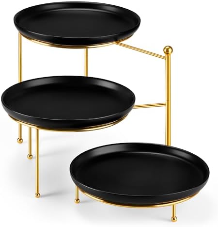 MALACASA Round 3 Tier Serving Tray, 10 Inch Black Porcelain Dessert Stand by MALACASA