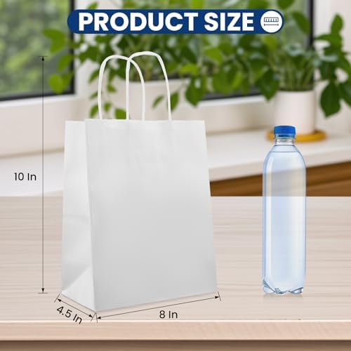 XPCARE White Paper Bags with Handles, 200Pcs 8x4.5x10In Kraft Paper Bag - Image 2