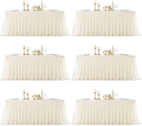 Ivory Fitted Tablecloth Rectangle 8 Foot Stretch Elastic Tulle Ruffle Tablecloths Rectangular Spandex Table Covers 8ft Birthday Baby Shower Party Wedding Table Cloths with Skirt 6Pack by LittleFunny