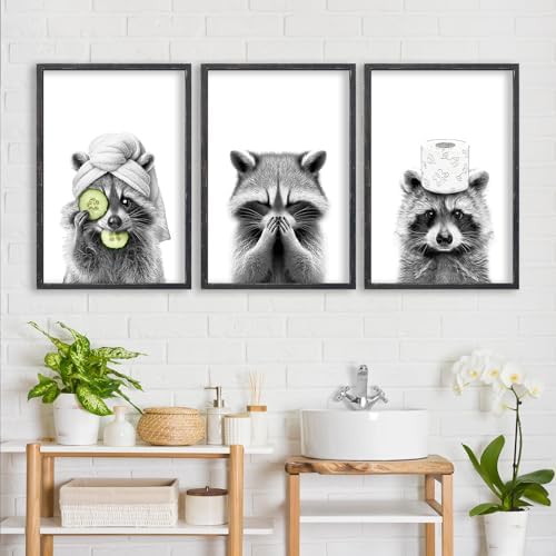 flowtorely Raccoon Bathroom Wall Art Decor Set of 3 16x11 Inch Black - Image 5