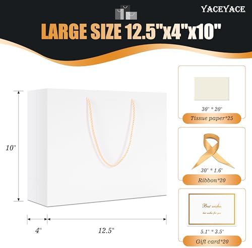 YACEYACE White Gift Bags with Ribbon, 20Pack of Gift Bags with Handles - Image 3
